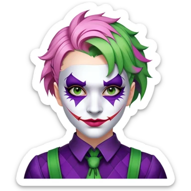 a young woman with pale skin, short multicolored hair (pink, purple, and green), and wearing the Joker’s face as a mask. She wears a mismatched, patchwork costume with purple, green, and black accents  sticker