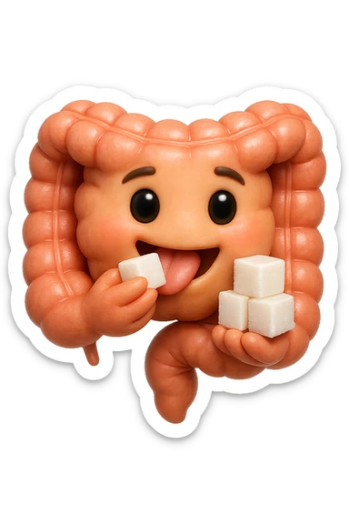 emoji stile iphone di un intestino anatomico che mangia zollette di zucchero, iperrealistico 4k, isolato su sfondo bianco sticker