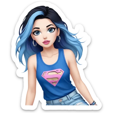 Tall-full body-long legs-huge female chest-very excited-very-beautiful-face-white torn cargo pants-light-pink-lips-very long-very-straight-dark-blue-ombre-hair-and-blue-eyes-thick-black-eyeliner-thick-long-eyelashes-sky-blue-superman-tank-top-with-glitter-and-silver-hoop-earrings sticker