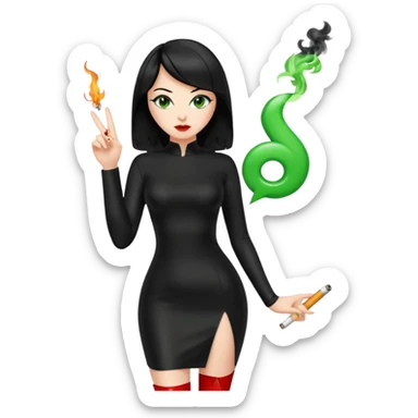 🕵🏻‍♀️💦🧥 black hair , green eyes , full body , red high heels , black latex dress , 🖕🏻🚬 sticker
