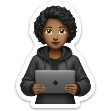 A brown-skinned female programmer with short black curly hair wearing a hooded jacket programming on a laptop sticker