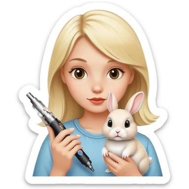 a blond girl holding a vape and a rabbit  sticker