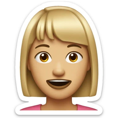 Woman with bangs who’s lips got stuck on her teeth sticker