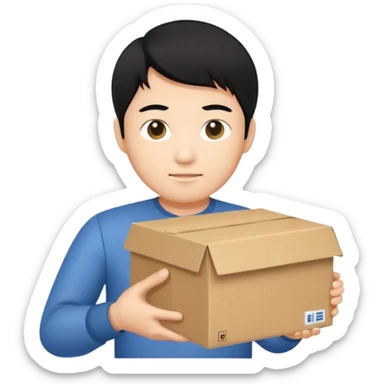 black haired asian man holding cardboard box sticker