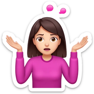 Social media manager. She has dark brown hair, brown eyes,stressed expression, exhaling deeply, hands slightly raised showing frustration. Use vibrant colors with a focus on pink and fuchsia tone sticker