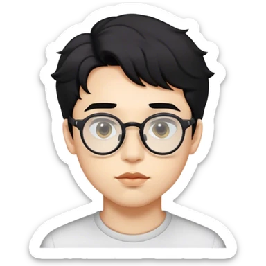 A boy with slightly curly black hair, transparent glasses, a pentagon-shaped face, and slightly thick lips. sticker