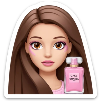 Barbie girl a brown long Straight hair and brown eyes is In pale pink smears by hand cosmetic cream Chanel on her face sticker