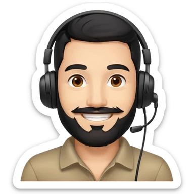 Happy smiling man with black hair, brown eyes, black beard wearing a gaming headset sticker