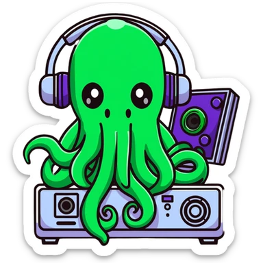 Lovecraftian Cthulhu monster with tentacle face operating audio equipment sticker