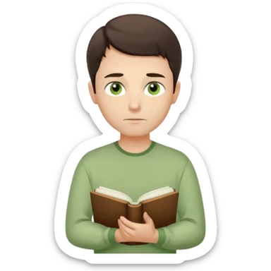 Thoughtful gentle man, fair skin, short dark brown hair, calm green eyes, simple light green shirt, waist-up front-facing, holding a closed book, serene expression, minimal background, soft lighting. sticker