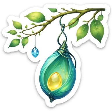 magical organic cocoon suspended from a branch, green-blue cocoon lit up, swirling yellow magic, ethereal and mystical, symbol shape, gentle green-blue hues sticker