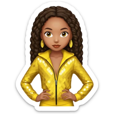 Logan Browning with long dark brown hair, yellow sequin outfit sticker