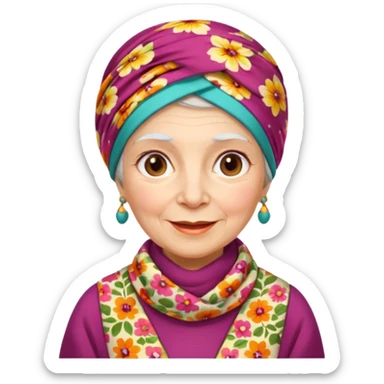 A kind old Russian village grandmother emoji — elderly woman wearing a bright floral headscarf tied under her chin, colorful patterned dress, warm smile, simple rural look. Flat minimal emoji style, clean Apple-like design. sticker