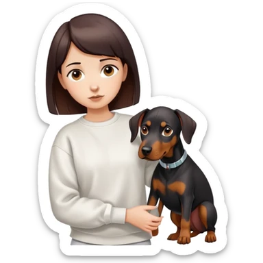 A short-haired girl in a white sweatshirt is holding a big Doberman dog sticker