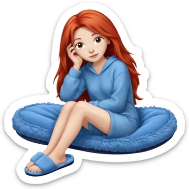 young woman with long red hear wearing comfy lounging outfit, wearing blue fuzzy slippers sticker