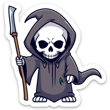 cute but spooky AI robot as the Grim Reaper holding a scythe sticker
