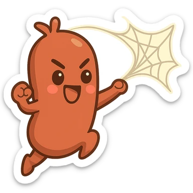 Edit the image so that the web is coming out of the sausage character's head instead of the end. Make the pose energetic with no background. sticker