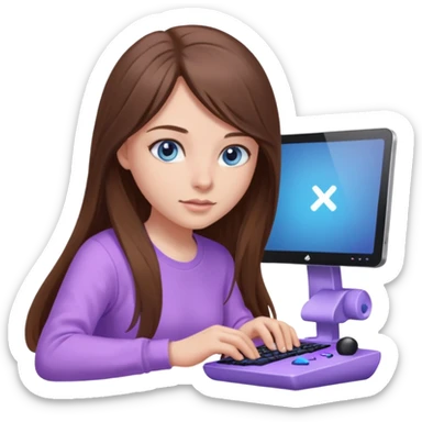 beautiful girl with long brown hair, blue eyes and wearing light purple clothes playing pc games sticker