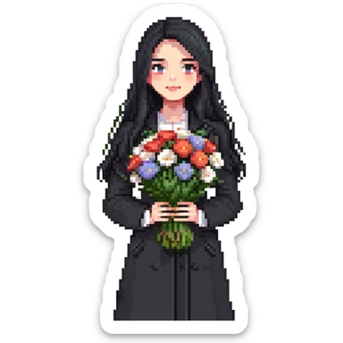 beautiful girl with long black hair wearing a black coat holding a bouquet of flowers sticker