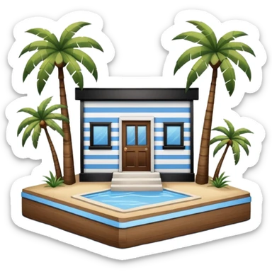 A full square 1 by 1   white and blue stripe building  horizontally with brown wooden door on a island with palm trees  sticker