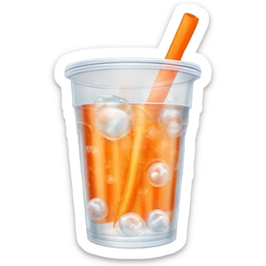 Realistic clear plastic cup half full of Transluscent soda with carbonation bubbles, carrot shaped ice cubes inside the cup and orange curly straw through the top  sticker