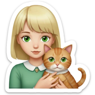 blonde girl with green eyes and bangs with her brown and white cat sticker