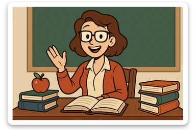 female teacher with glasses at a desk, surrounded by books and an apple, welcoming expression, classic school vibe, cartoon style sticker