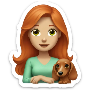 red head women green eyes and a cream longhair dachshund in her lap sticker