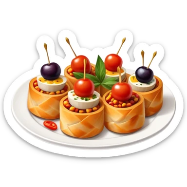 Tapas (4 Pintxos) Cinematic Realistic Tapas Dish Emoji, depicted as an assortment of 4 pintxos elegantly arranged on a plate, rendered with lifelike textures and vibrant, inviting lighting. sticker