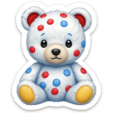 White teddy bear covered with blue, red and yellow spots sticker