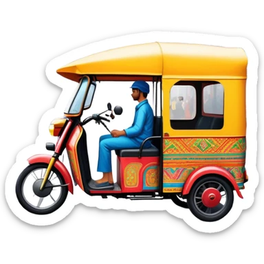 Cinematic Realistic image of a colorful auto rickshaw, rendered with detailed textures and lively, bold hues, set on a bustling urban street with dynamic, vibrant lighting that emphasizes its iconic role sticker