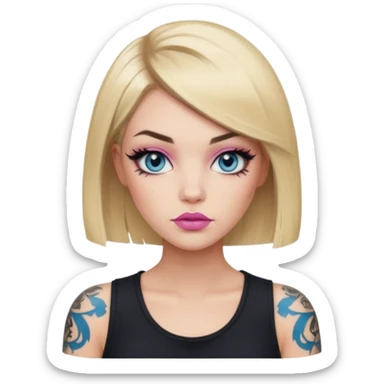 Edgy Woman, Blonde hair Medium blunt bob, blue eyes, makeup Smokey lid with doe lashes, pink lips, tattoo on arms, wearing black sticker