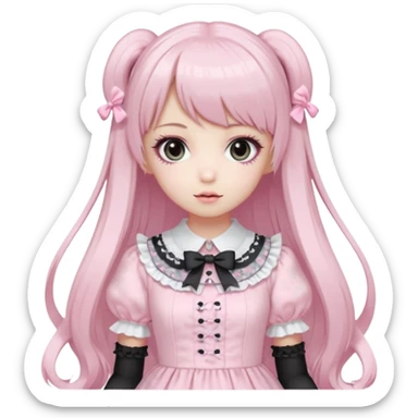 pale girl, straight long hair (black and baby pink swirls), bangs, grey eyes, doll-like makeup, light pink lolita hime gyaru dress sticker
