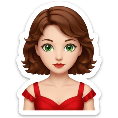 Green eyes,mi-short brown wavy hair,white skin tone,wearing red dress sticker