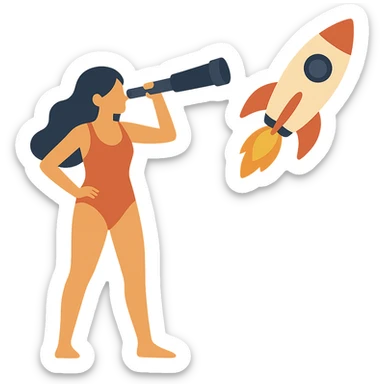 flat design style girl in a swimsuit with a telescope and a rocket sticker