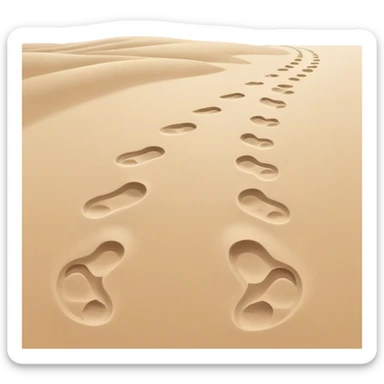 A quiet beach at sunset. **Baby footsteps trail behind larger ones**, slowly fading into the sand. As the tide nears, the **small steps merge with the adult’s**, past and present walking together toward the horizon. sticker