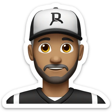 An adult pale male with stubble and a slightly gray beard, brown hair, black eyes, wearing a black Reebok cap with a round emblem on his head, and a black sweater with three white stripes on the sleeves underneath. sticker