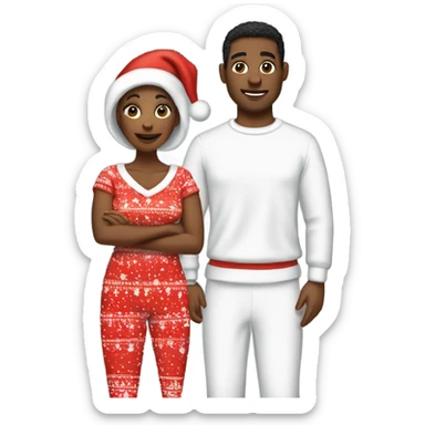 a couple in matching christmas pajamas black woman white man sticker