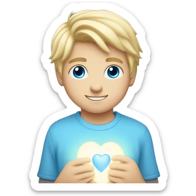 blonde blue eyed boy holding light blue heart sticker