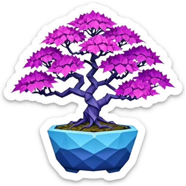 Futuristic wild alien maples Bonsai hair-fine-leaf group crimson crystal azalea purple and cream blue forest planting in shallow origami style pot  sticker