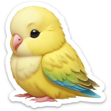 Meme-Worthy Cute Sleeping Yellow Budgie Portrait Emoji, Head resting peacefully with a contented smile, showcasing a petite, delicate build and a luxuriously soft yellow feathered fur, eyes shut in a serene nap, Simplified yet hilariously adorable features, highly detailed, glowing with a soft, drowsy light, high shine, relaxed and utterly lovable, stylized with an air of playful laziness, bright and heartwarming, soft glowing outline, capturing the essence of a comically sleepy budgie, so meme-worthy it feels like it could instantly become the next viral sensation of adorable slumber! sticker