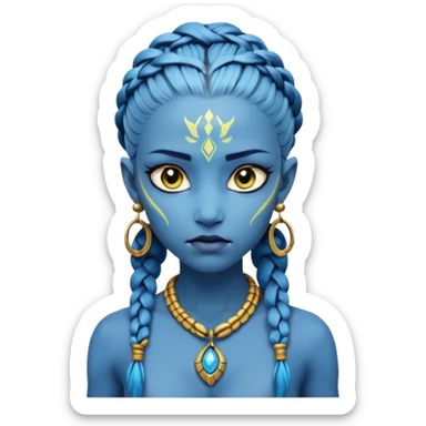 Create an icon of a Na’vi-inspired female character with glowing blue skin, braided hair, tribal forehead markings, large expressive eyes, gold earrings, and a rope necklace with a golden pendant. The expression should be calm and serious, matching the style of the movie Avatar sticker