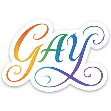 the word GAY in calligraphy style with rainbow ink sticker