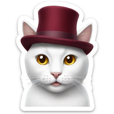 white cat with a New Year's burgundy hat on his head sticker