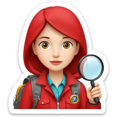 Explorer woman with red jacket backpack and magnifying glass sticker