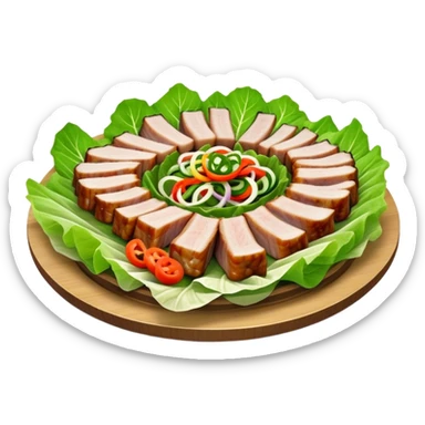 Samgyeopsal Cinematic Realistic Samgyeopsal Dish Emoji, depicted as slices of grilled pork belly served in crisp lettuce leaves with assorted fresh vegetables, rendered with dynamic textures and appetizing, natural lighting. sticker