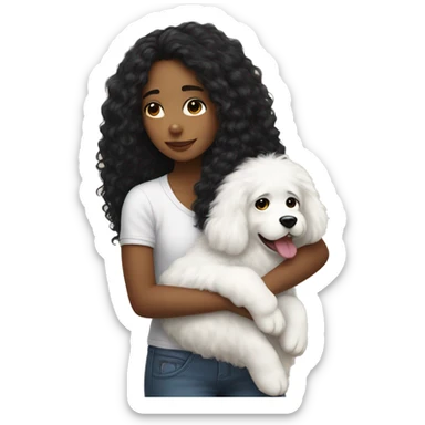 A girl with long black curly hair, hugging a big white fluffy dog  sticker