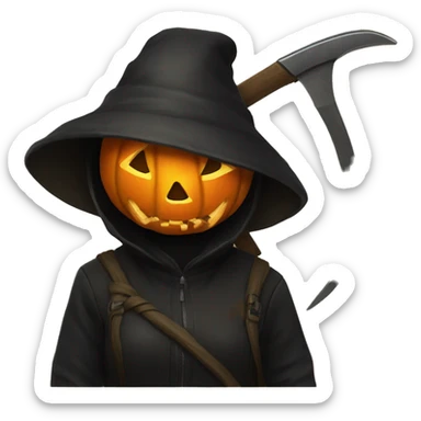 Human female pumpkin hunter with a scythe, glowing pumpkin eyes inside a black helmet, Halloween theme, emoji" sticker