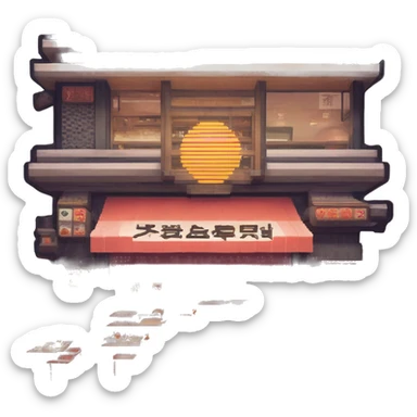 Distopian Japanese Futuristic restaurant, pixelart, webpunk sticker