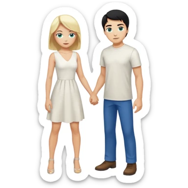 Man, black Hair, blue eyes, whole body, Woman, blonde, green eyes, White Dress, bending knees sticker